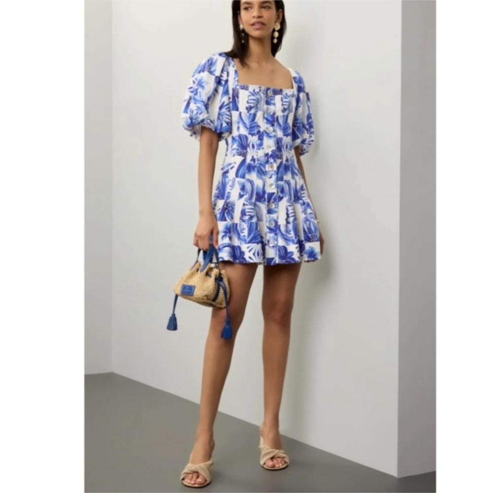 FARM Rio Blue and White Floral Puff-Sleeve Mini Dress